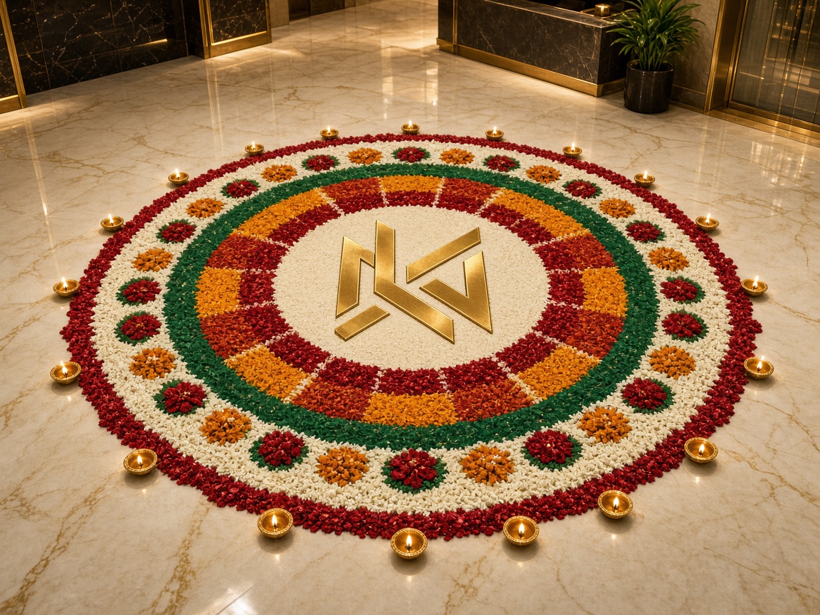 Client logo rendered as rangoli at the entrance